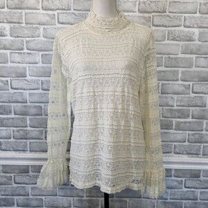 Worthington Ivory lace Mock Neck Ruffle Cuff Blouse Top XL Romantic Feminine